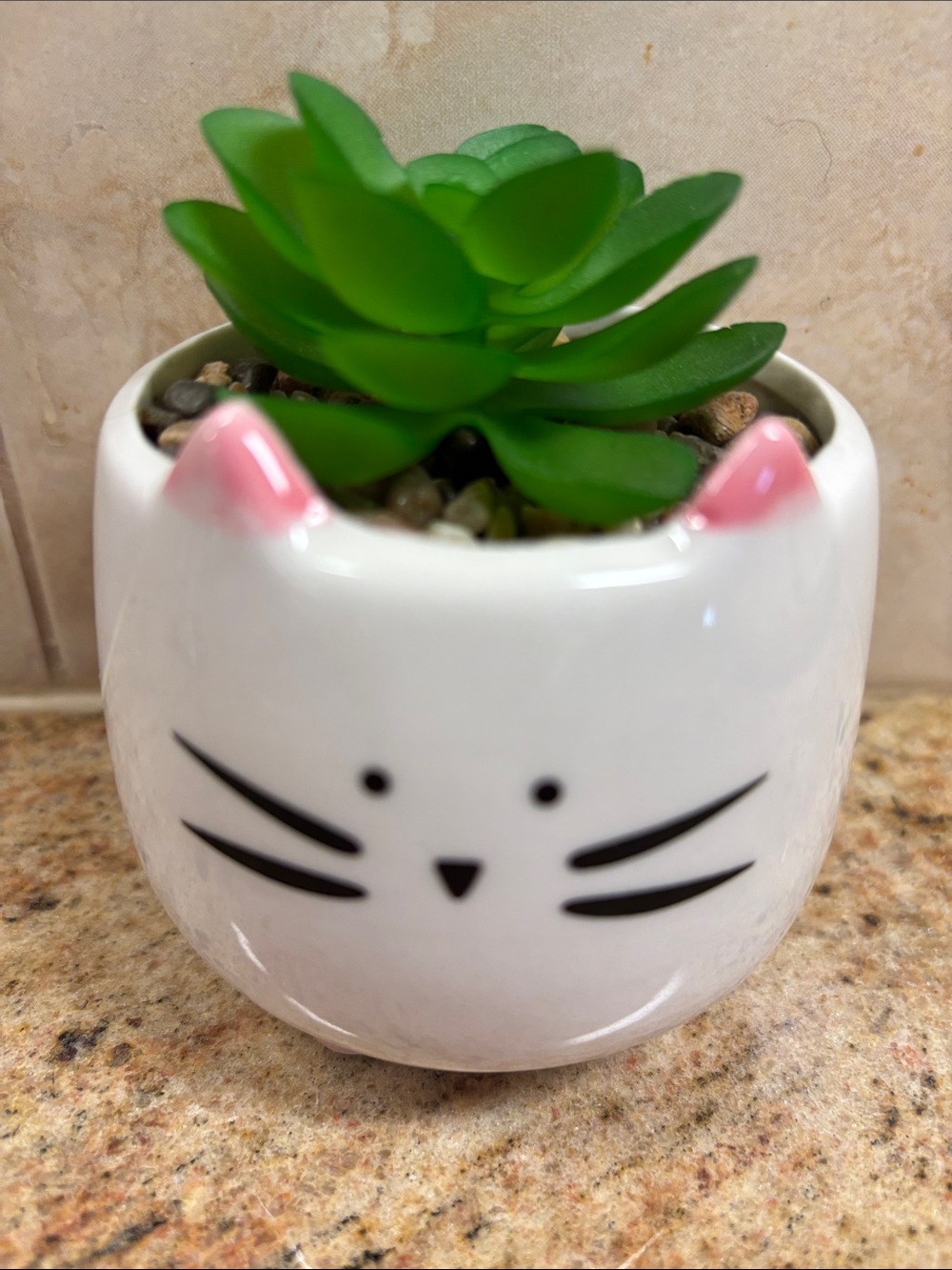 Cute White Cat Planter with Pink Ears & Faux Succulent - Picture 5 of 5